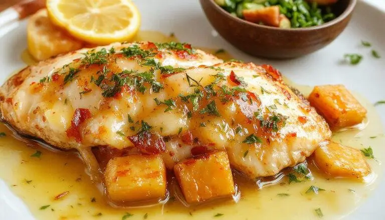 Der Zitronenbutter-Lachs liegt auf einem weißen Teller, umgeben von goldbraun gerösteten Ofenkartoffeln und frischem, dampfendem Brokkoli. Der Lachs hat eine glänzende Zitronenbutter-Glasur, sichtbar glänzend und saftig, mit feinen Zitrusnoten. Die Beilagen sind perfekt zubereitet, mit knusprigen Rändern an den Kartoffeln und lebendigen grünen Brokkoliröschen, die den Teller ansprechend einfassen. Das Gericht ist stilvoll angerichtet, mit frischen Zitronenscheiben und einem Hauch frisch gehacktem Dill.