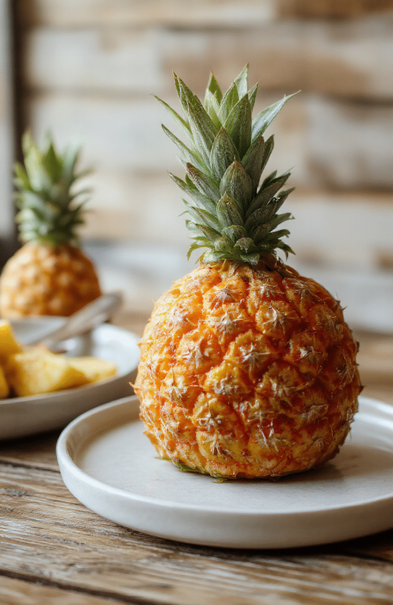 Bunter Teller mit saftigem Hähnchen, das mit karamellisierten Ananasstücken und frischen Kräutern garniert ist. Das Gericht glänzt mit einer goldbraunen Kruste und ist appetitlich angerichtet auf einem rustikalen Holzteller, umgeben von buntem Gemüse und einem leichten Glanz der Sauce.