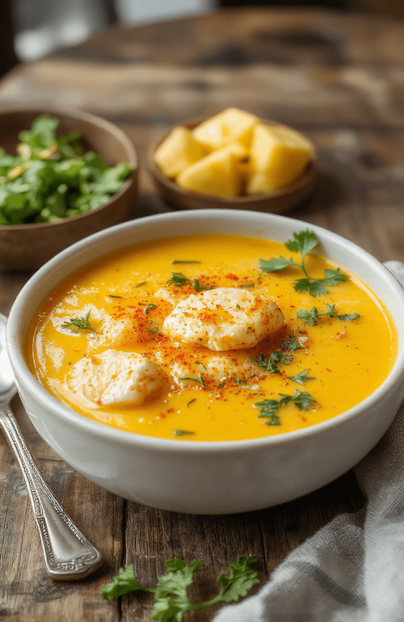 A vibrant bowl of golden turmeric chicken soup topped with fresh herbs, served on a rustic wooden table. The soup showcases tender chicken pieces, bright turmeric broth, and colorful vegetables, styled with a sprig of parsley and a lemon wedge for garnish.