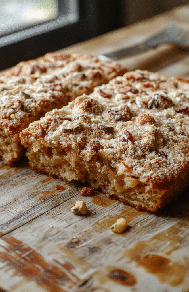 Heller Apfelkuchen mit goldbraunen Streuseln, dünner Apfelfüllung, auf einem rustikalen Holzbrett angerichtet, mit Puderzucker bestäubt, ansprechend dekoriert