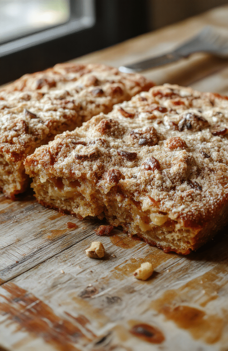 Heller Apfelkuchen mit goldbraunen Streuseln, dünner Apfelfüllung, auf einem rustikalen Holzbrett angerichtet, mit Puderzucker bestäubt, ansprechend dekoriert