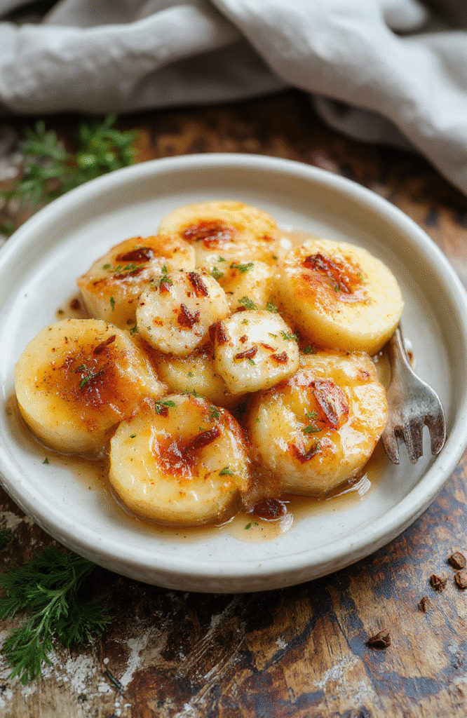 Bunter Teller mit goldbraunen Apfelküchlein ohne Zucker, dekorativ angerichtet mit frischen Apfelstücken und Minzblättern, glänzend und knusprig, auf einem hellen Holztablett serviert.