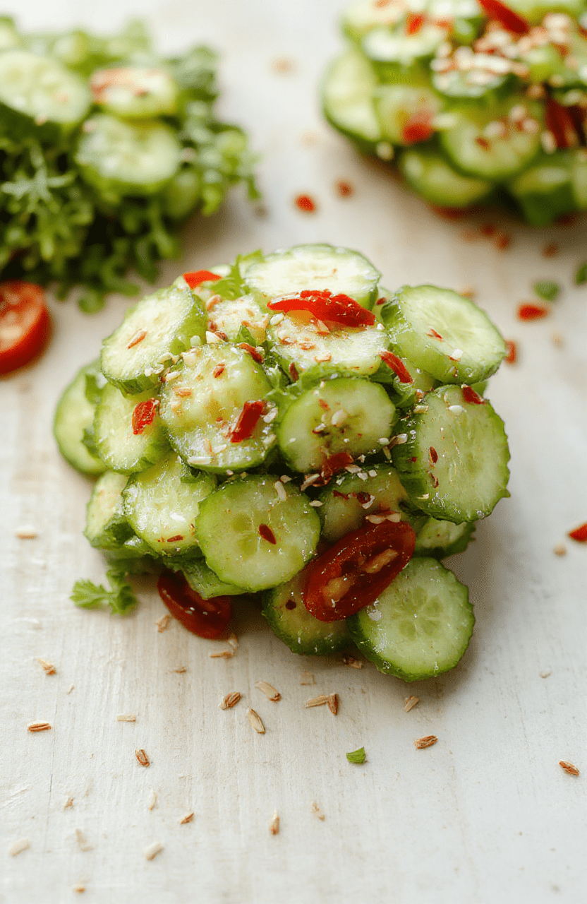 Frischer asiatischer Gurkensalat mit roten Chiliflocken, schwarzem Sesam, in einer schlicht weißen Schüssel auf hellem Holz, sommerlich frisch, mit sichtbar geriebenem Ingwer und gehacktem Koriander, vibrant grün und rot, ansprechend angerichtet