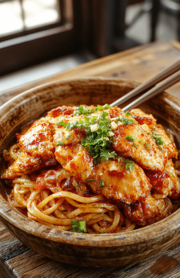 Colorful Chinese fried noodles with sliced chicken, vibrant vegetables, and sesame seeds on a rustic wooden plate, garnished with chopped green onions, showcasing glossy, crispy textures and fresh ingredients.