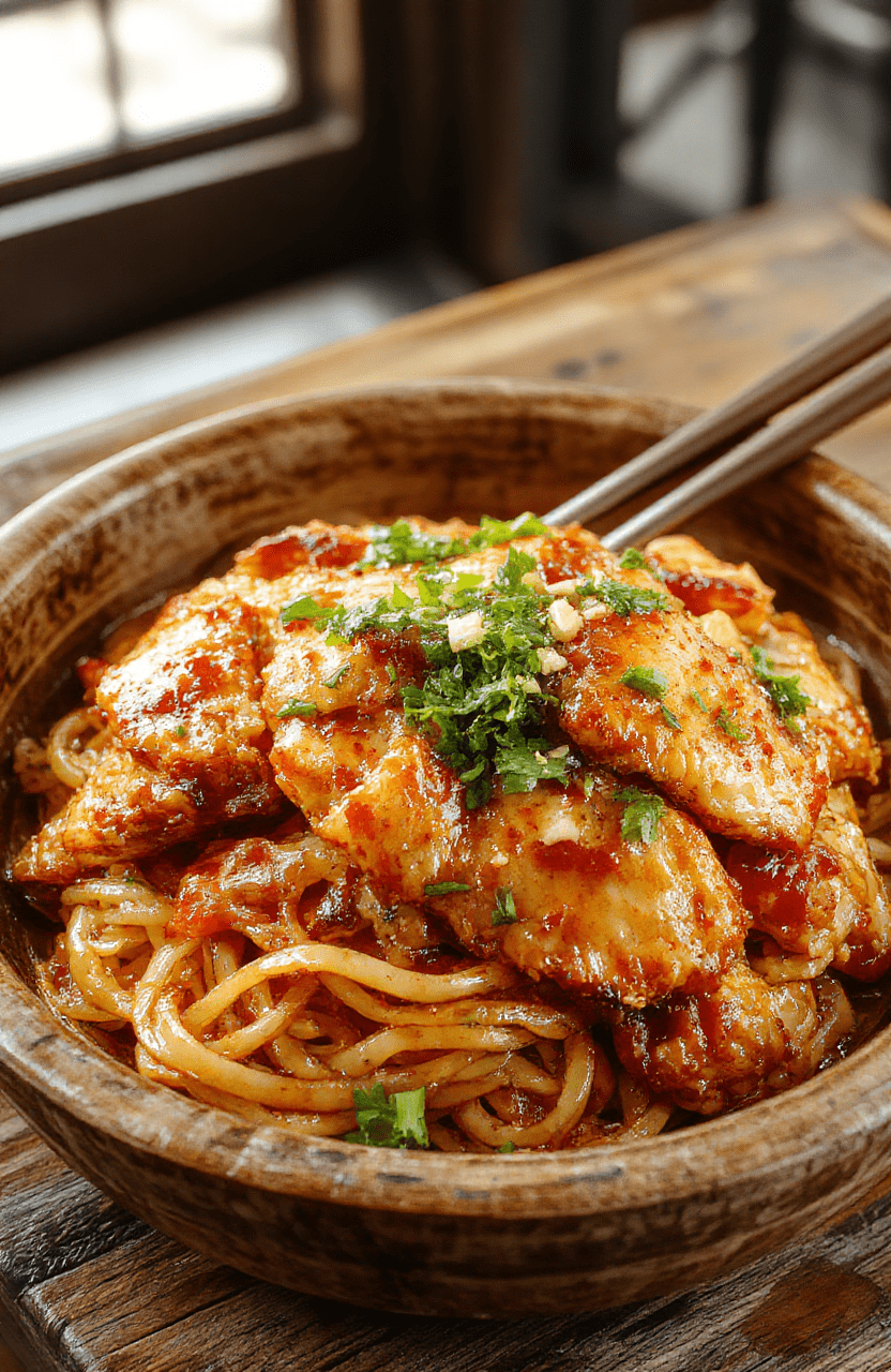 Colorful Chinese fried noodles with sliced chicken, vibrant vegetables, and sesame seeds on a rustic wooden plate, garnished with chopped green onions, showcasing glossy, crispy textures and fresh ingredients.