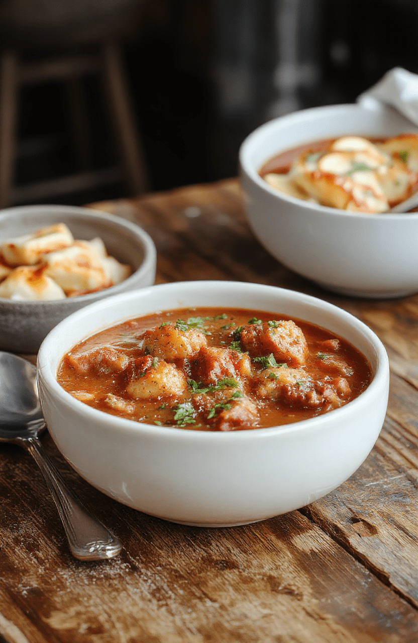 A hearty bowl of authentic German goulash featuring tender chunks of beef, vibrant paprika-colored sauce, and garnished with fresh herbs. The dish is plated on a rustic wooden table with side elements like crusty bread and fresh vegetables, showcasing rich textures and warm tones perfect for a comforting meal.