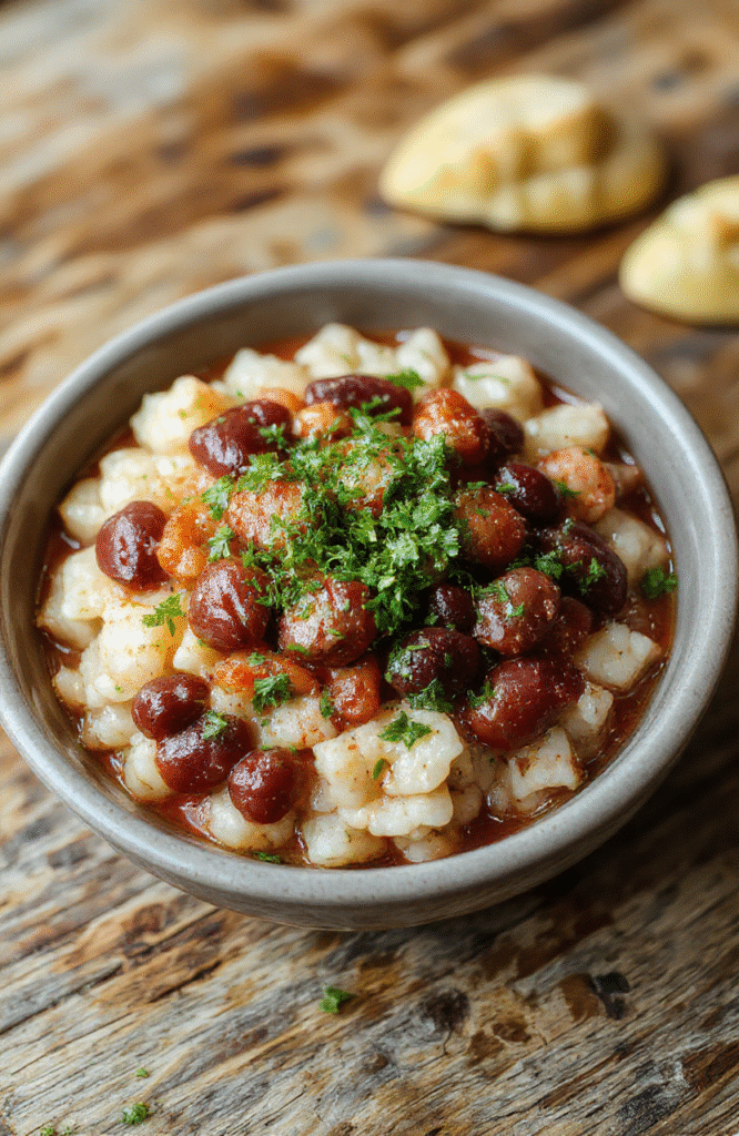 A vibrant plate of authentic Louisiana red beans and rice featuring rich red beans, fluffy white rice, garnished with chopped green onions and a slice of crusty bread on a rustic wooden table, styled with colorful spices and fresh herbs for an inviting, comforting look.