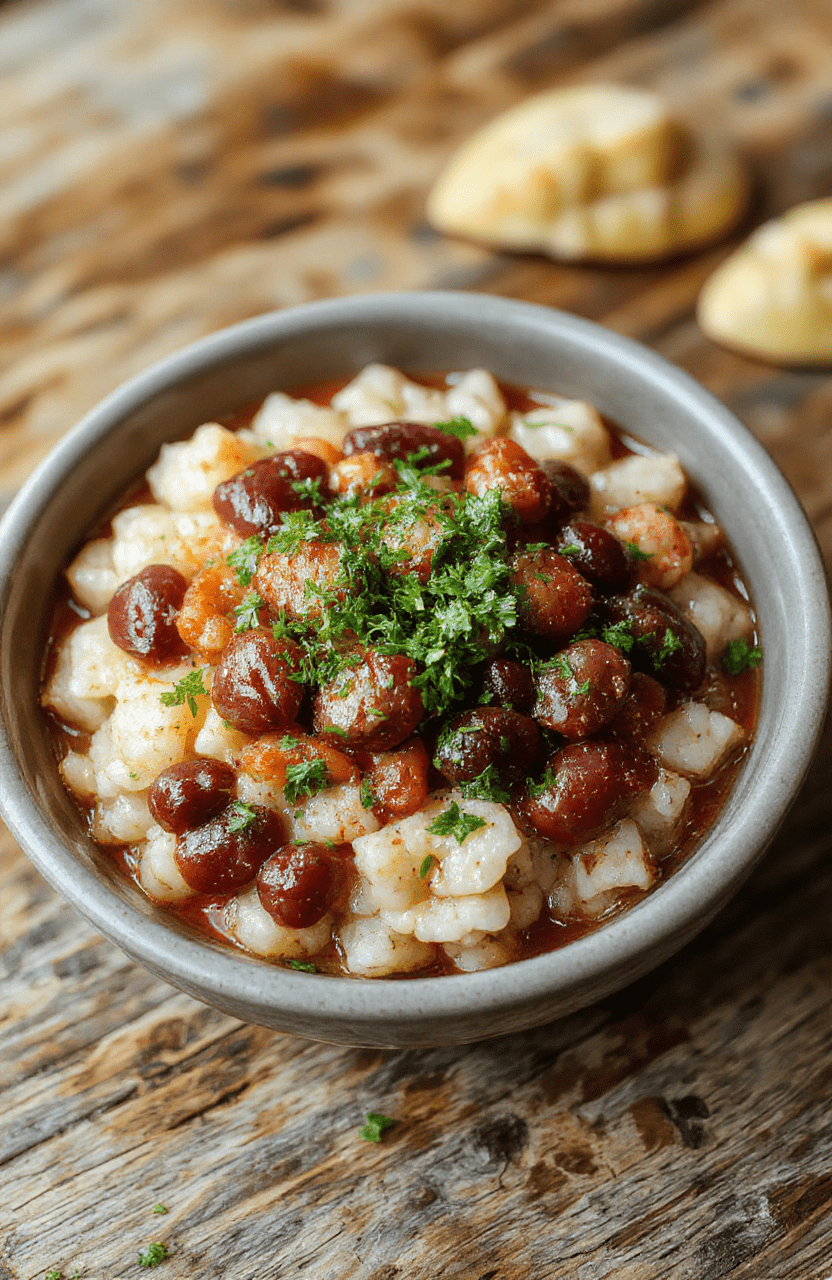 A vibrant plate of authentic Louisiana red beans and rice featuring rich red beans, fluffy white rice, garnished with chopped green onions and a slice of crusty bread on a rustic wooden table, styled with colorful spices and fresh herbs for an inviting, comforting look.