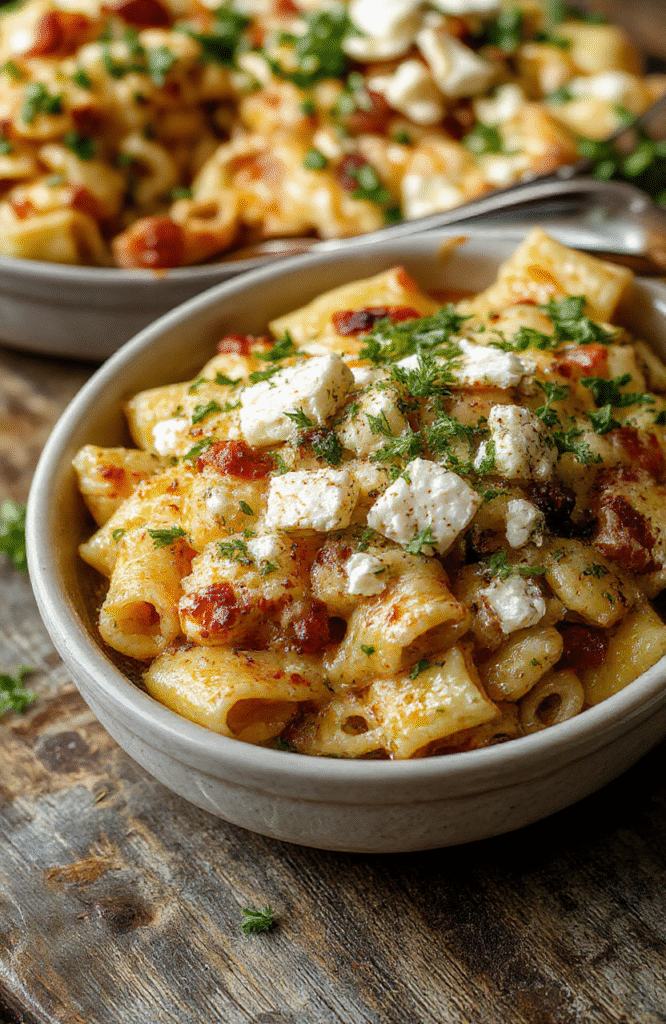 Colorful baked feta cheese served over al dente pasta with roasted cherry tomatoes, zucchini slices, and fresh basil, beautifully plated on a rustic wooden surface with a light drizzle of olive oil, showcasing vibrant reds, greens, and creamy white textures.