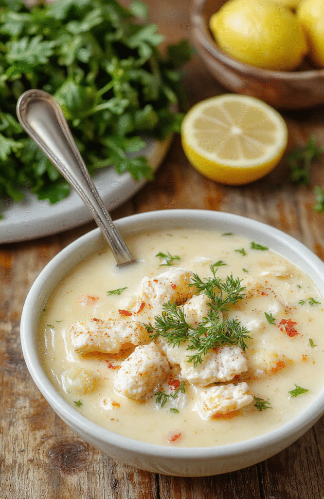 A vibrant bowl of lemon chicken orzo soup featuring tender chicken pieces, orzo pasta, fresh herbs, and lemon slices, topped with a sprinkle of parsley, set against a rustic wooden table with a light background, emphasizing textures and bright colors.