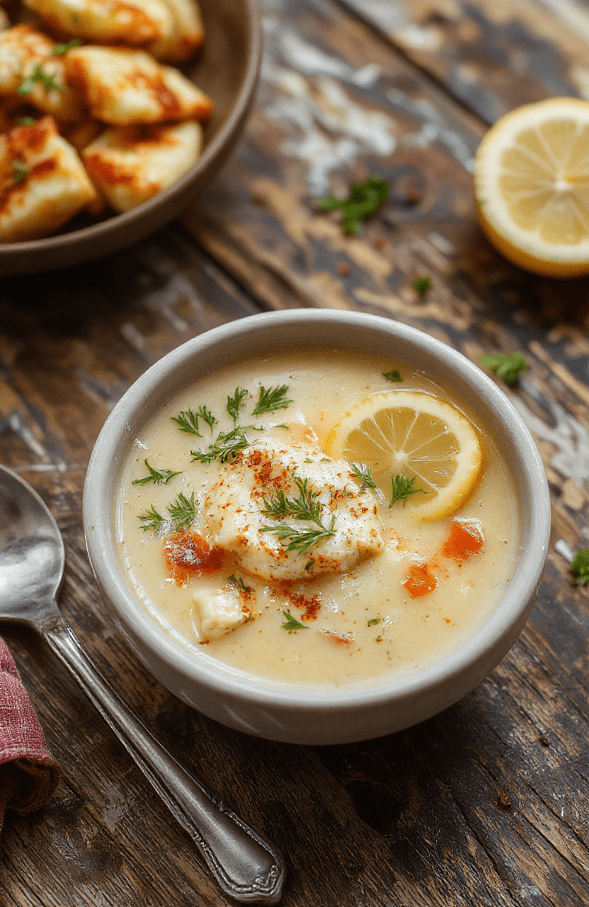 A vibrant bowl of Greek lemon chicken soup with shredded chicken, lemon slices, fresh herbs, and silky broth, garnished with parsley on a rustic wooden table with a lemon wedge nearby.
