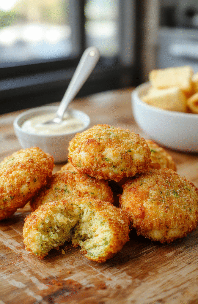 Bunte Brokkoli-Käse-Nuggets auf einem weißen Teller, knusprig gebacken, mit geschmolzenem Käse, grüner Brokkoli, goldene Kruste, kleiner Snack-Happen auf einem Holzbrett