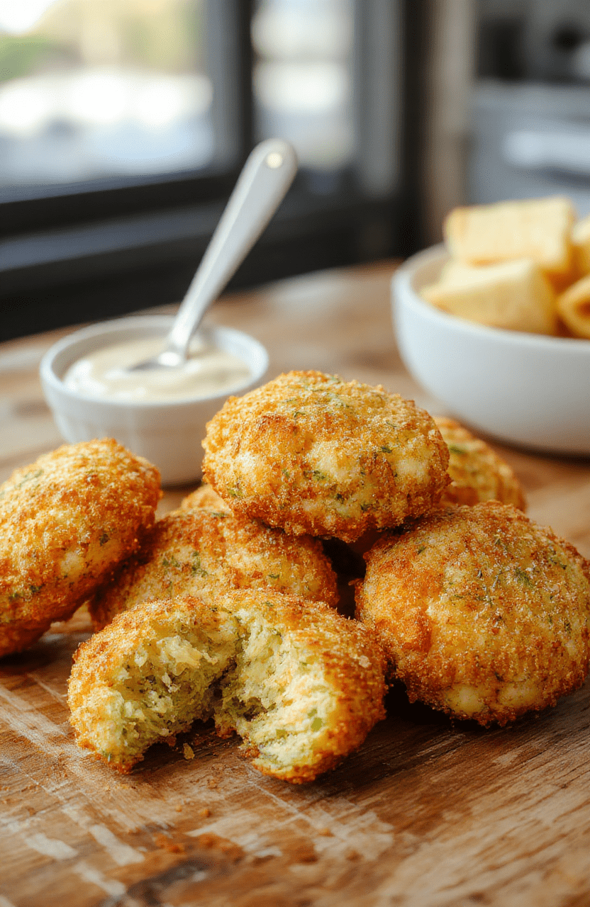 Bunte Brokkoli-Käse-Nuggets auf einem weißen Teller, knusprig gebacken, mit geschmolzenem Käse, grüner Brokkoli, goldene Kruste, kleiner Snack-Happen auf einem Holzbrett