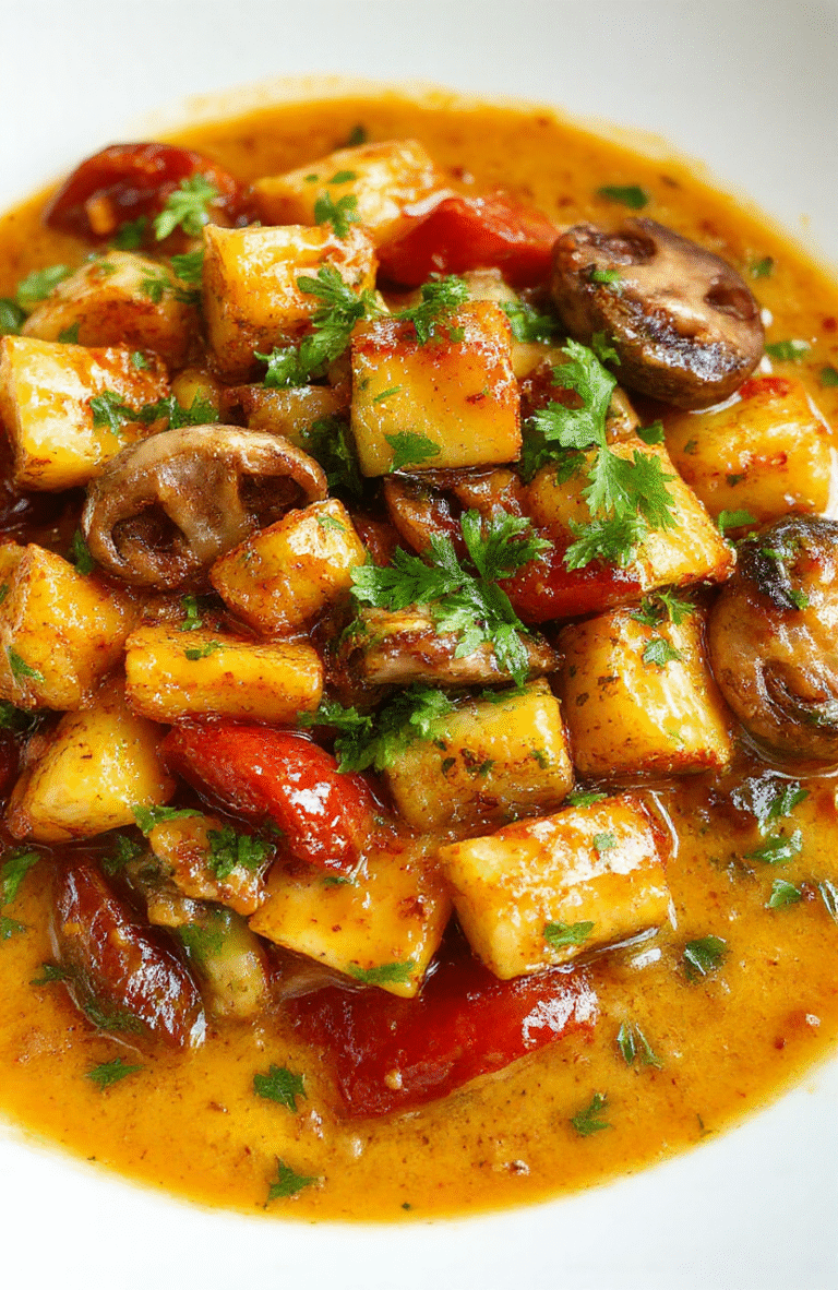 Buntes Gemüse Curry auf einem weißen Teller, farbenfrohe Paprika, Zucchini, Karotten und Champignons, mit einer würzigen Currysoße, stilvoll angerichtet mit frischen Kräutern, helles Licht, natürliche Farben, appetitlich und einladend.