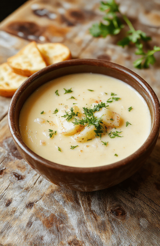 A vibrant bowl of creamy Cheddar Garlic Herb Potato Soup topped with shredded cheddar, fresh herbs, and a drizzle of cream, served in a rustic white bowl on a wooden table with rustic bread slices and herbs scattered around, capturing rich textures and warm colors.