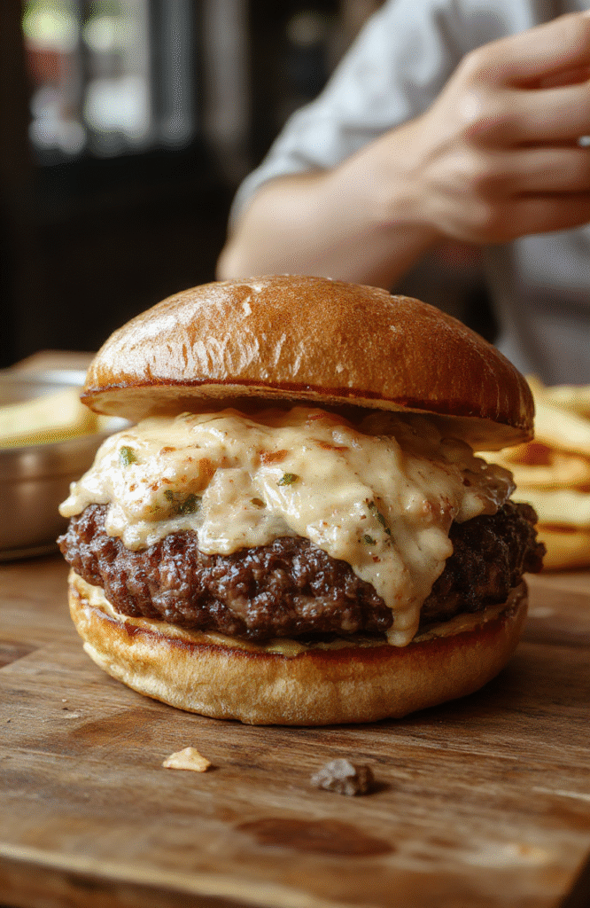 Bunter Cheeseburger-Auflauf auf einem weißen Teller, mit goldbraunem Käse, frischen Salatblättern und Tomatenscheiben, auf einem dunklen Holztisch, natürliche Beleuchtung, appetitlich und einladend.