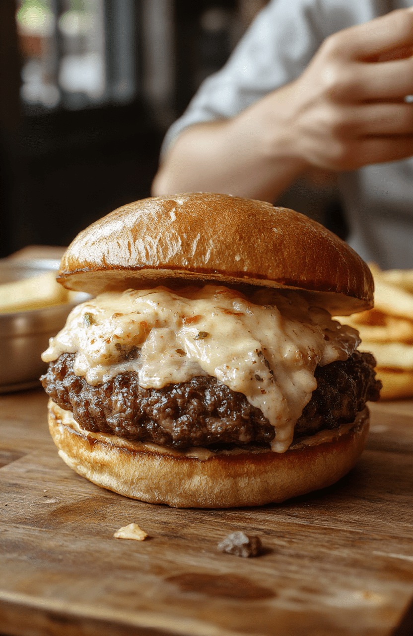 Bunter Cheeseburger-Auflauf auf einem weißen Teller, mit goldbraunem Käse, frischen Salatblättern und Tomatenscheiben, auf einem dunklen Holztisch, natürliche Beleuchtung, appetitlich und einladend.