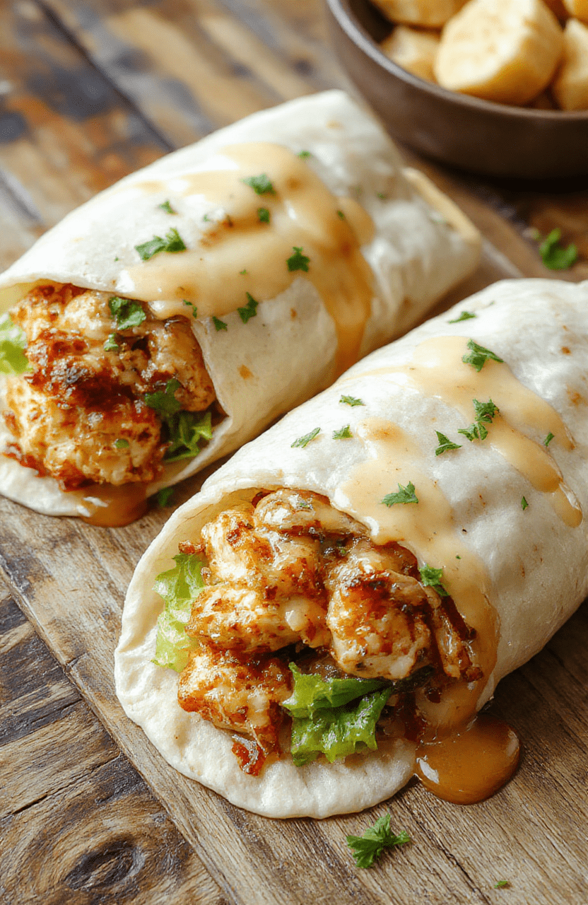 A vibrant, golden-brown chicken wrap generously filled with melted cheese, fresh garlic, and herbs, sliced diagonally to reveal gooey, cheesy filling, arranged on a rustic wooden plate with a sprig of parsley, showcasing textures of crispy chicken and warm wrap, styled for an inviting, homely look.