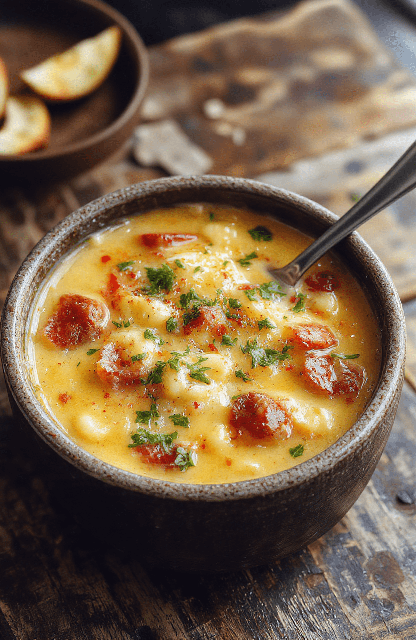A vibrant bowl of cheesy macaroni cheeseburger soup topped with melted cheese and chopped green onions, served in a rustic bowl on a wooden table, steam rising, with soft natural lighting highlighting creamy broth and filling ingredients.