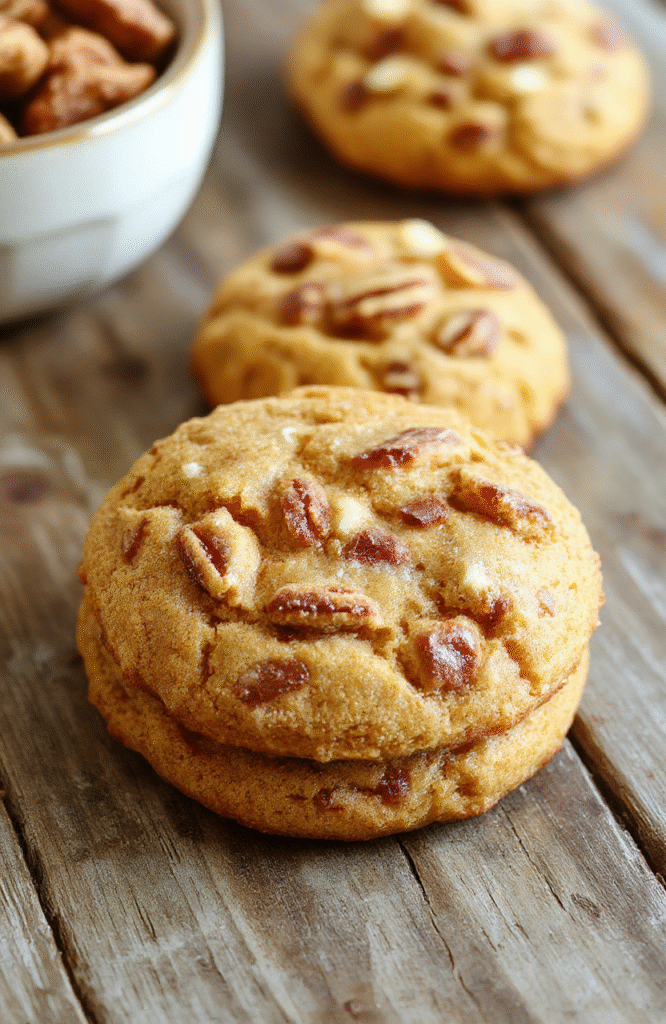A close-up of golden-brown chewy pumpkin snickerdoodles on a rustic wooden surface, topped with cinnamon sugar, with a smear of melted brown butter and a sprinkling of pumpkin seeds.