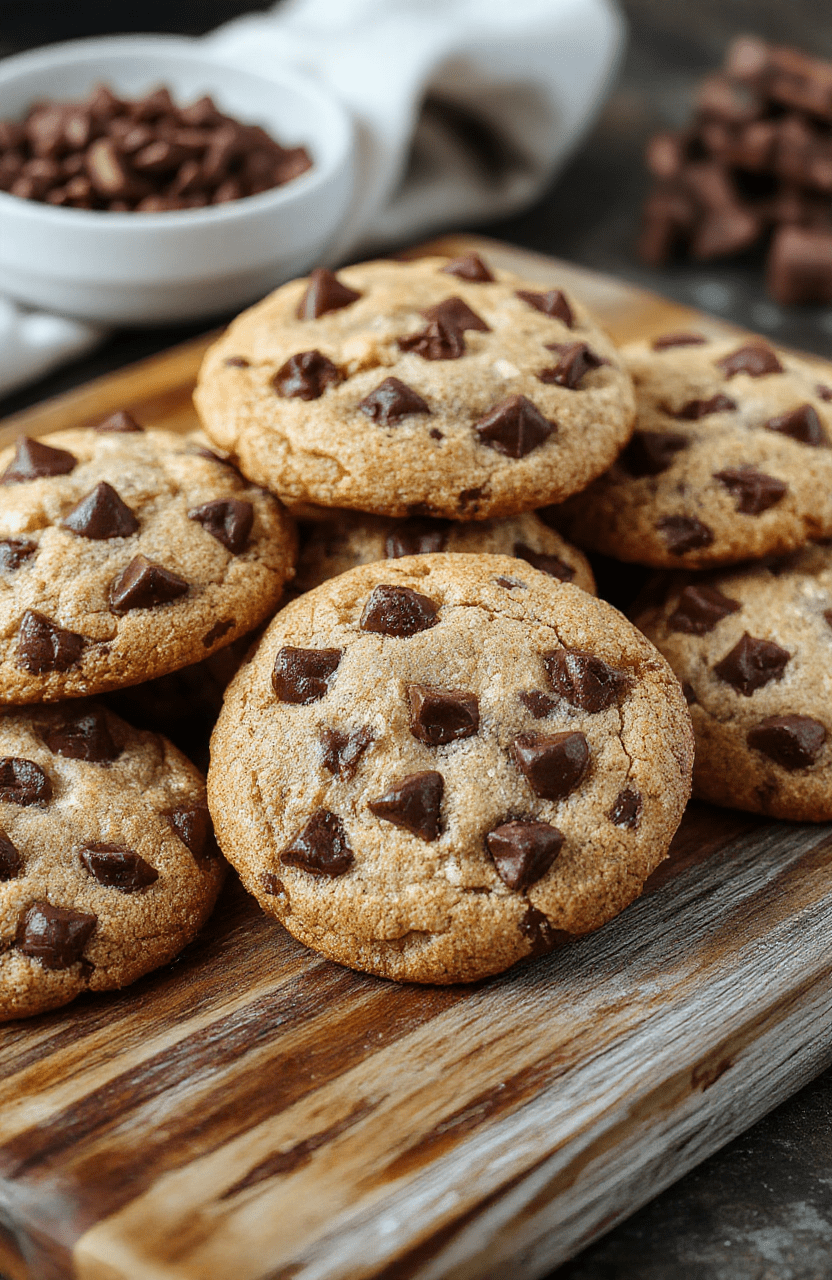A close-up of a freshly baked batch of chewy soft chocolate chip cookies on a rustic wooden tray, showcasing their golden edges, melty chocolate chunks, and slightly cracked surface, styled with minimal natural light highlighting the cookies' texture and gooey chocolate.