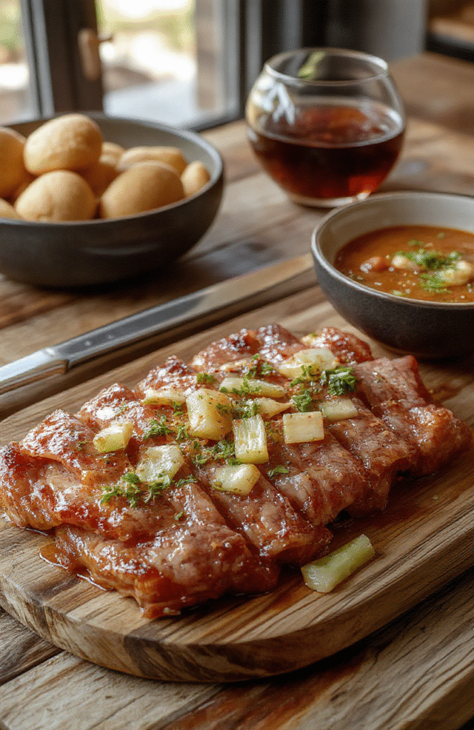 Buntes chinesisches Rindfleischgericht mit goldbraunen Rindfleischstücken, knackigen Zwiebeln, frisch garniert mit Frühlingszwiebeln, auf einem stilvollen Teller serviert, mit einer asiatischen Soße glasiert, appetitlich angerichtet