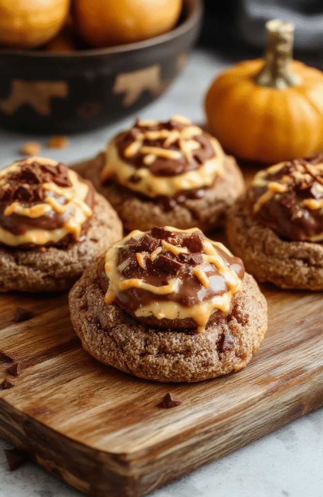 Colorful Jack-O'-Lantern cookies with vibrant orange icing and detailed black face designs, filled with glossy milk chocolate, arranged on a rustic wooden platter, with a few broken pieces revealing the gooey chocolate center, garnished with fall-themed accents and soft natural lighting highlighting textures.