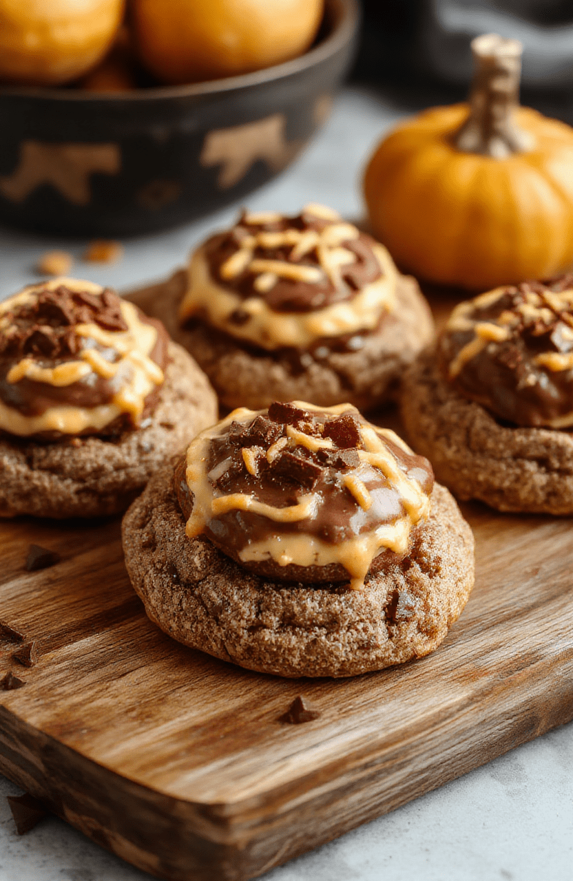 Colorful Jack-O'-Lantern cookies with vibrant orange icing and detailed black face designs, filled with glossy milk chocolate, arranged on a rustic wooden platter, with a few broken pieces revealing the gooey chocolate center, garnished with fall-themed accents and soft natural lighting highlighting textures.