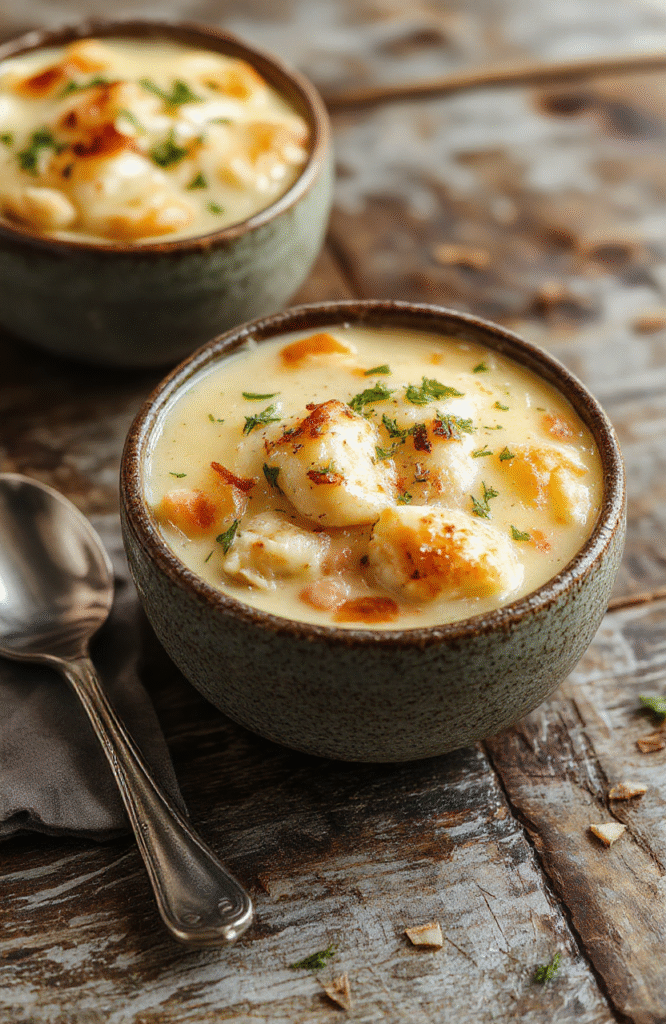 A warm bowl of chicken pot pie soup with a golden crust topping, garnished with fresh herbs, served on a rustic wooden table with a spoon nearby, vibrant orange and creamy textures looking inviting