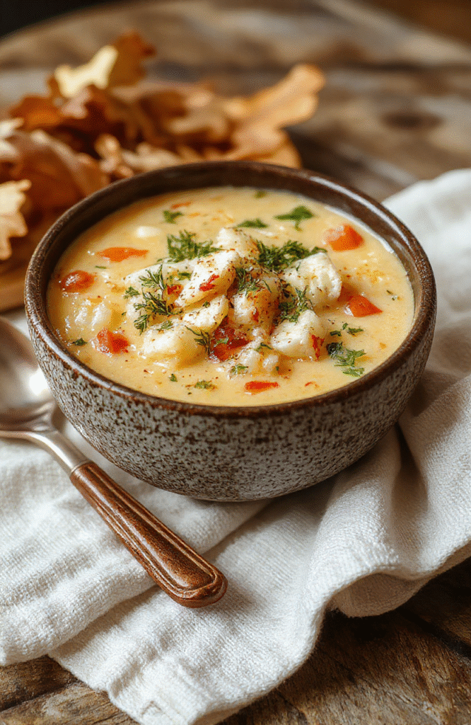A warm bowl of wild rice soup topped with fresh herbs and a sprinkle of cheese, set on a rustic wooden table with autumn leaves in the background, highlighting the creamy texture and hearty ingredients in natural lighting.