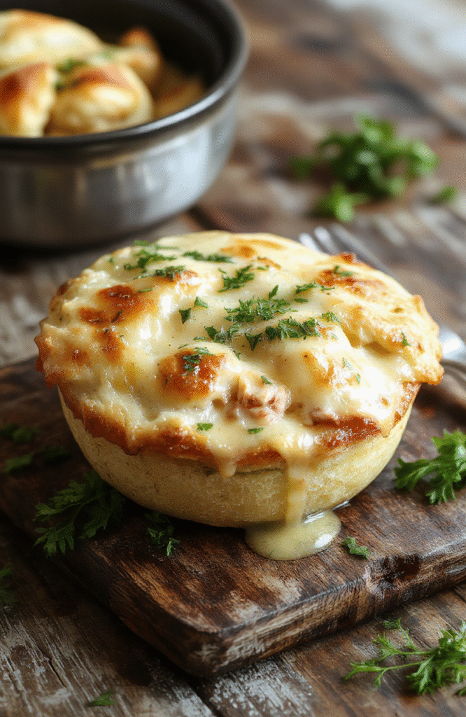A warm, golden-brown chicken pot pie served in a rustic white bowl with a flaky crust, filled with creamy chicken and vegetables, garnished with fresh herbs, styled on a wooden board with a side of green garnish, natural light highlighting the textures and inviting appearance.