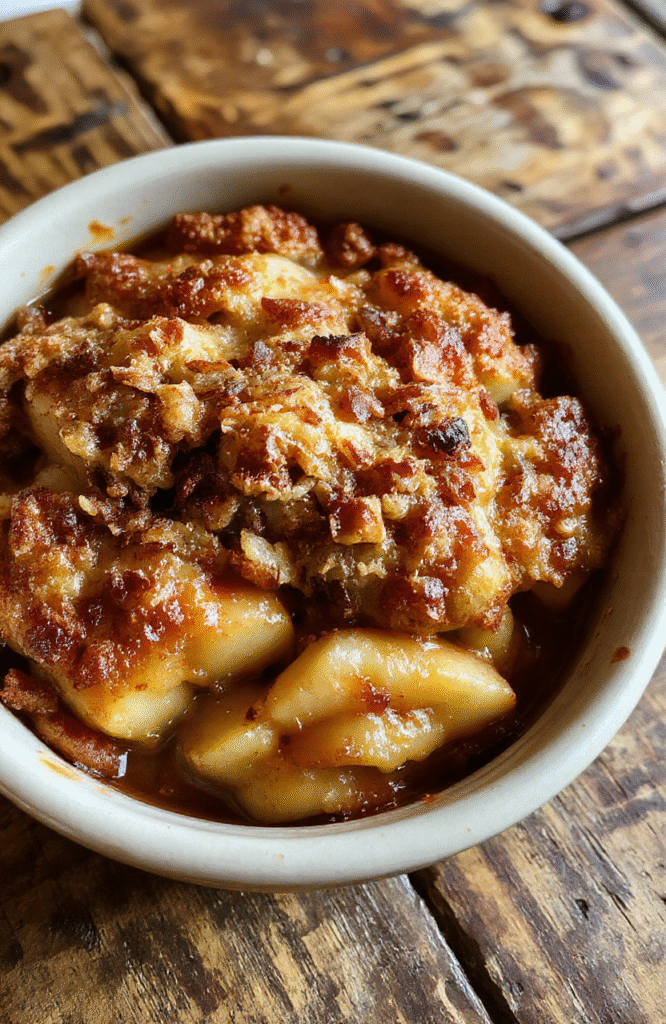 A vibrant apple crisp served in a rustic baking dish, topped with golden brown crumble and garnished with a sprig of fresh mint, surrounded by sliced apples and cinnamon sticks on a warm wooden table.