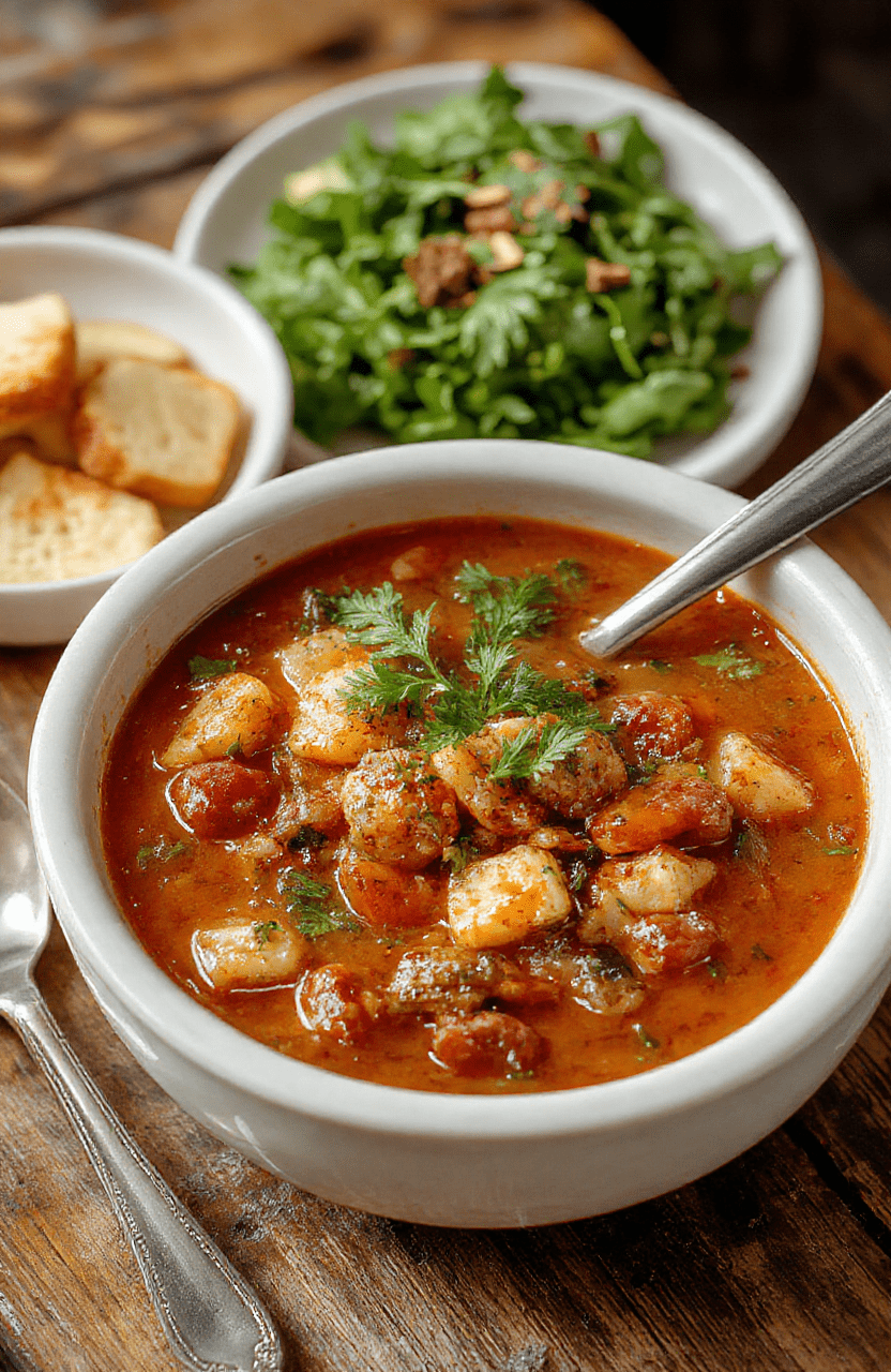 A bowl of vibrant minestrone soup featuring colorful vegetables, beans, pasta, and herbs, served in a rustic white bowl on a wooden table with a bread roll beside it, styled with fresh basil leaves and a drizzle of olive oil, showcasing textured ingredients and inviting warmth.