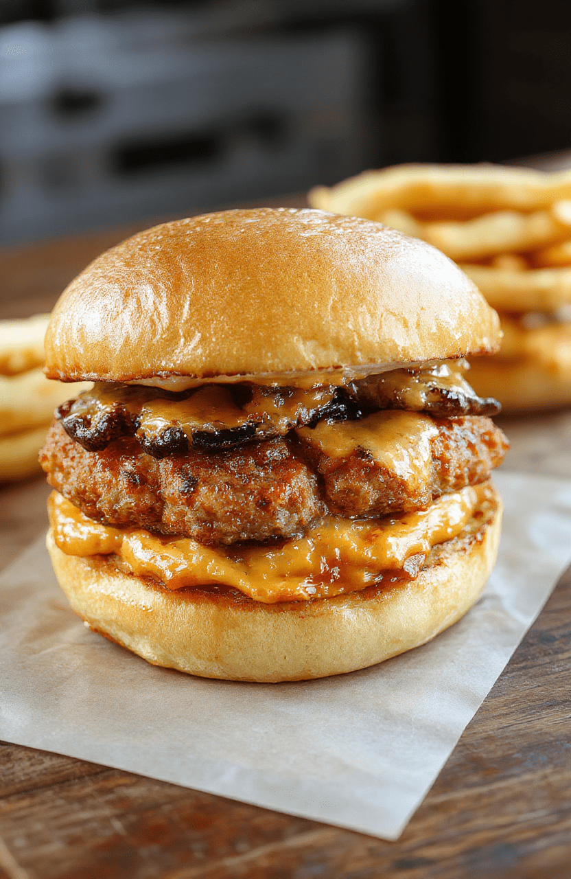 A juicy crack burger with melted cheese, crispy bacon, fresh lettuce, and tomato on a toasted bun, styled on a rustic wooden board with vibrant condiments, close-up with appealing textures and rich colors, styled to look mouthwatering and inviting.