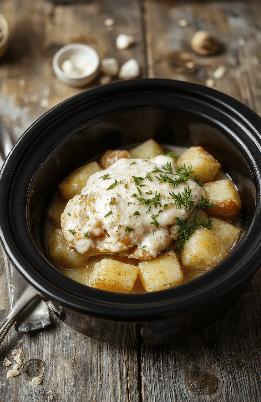 Colorful plated dish featuring tender garlic parmesan chicken pieces with glazed potatoes, garnished with fresh herbs on a rustic wooden table, textures of crispy edges and creamy sauce highlighted in natural light.