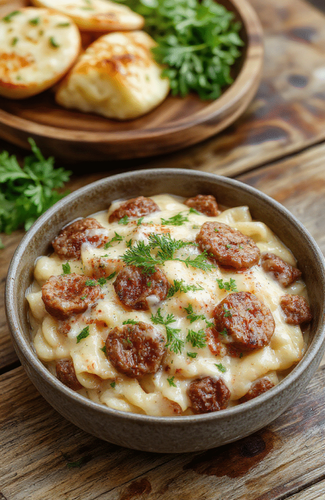 A vibrant bowl of creamy Italian sausage orzo showcasing golden sausage slices, tender orzo pasta coated in a rich creamy sauce, garnished with fresh herbs, served on a rustic plate with a sprinkle of parmesan cheese, styled simply on a neutral background with natural lighting highlighting the textures and colors