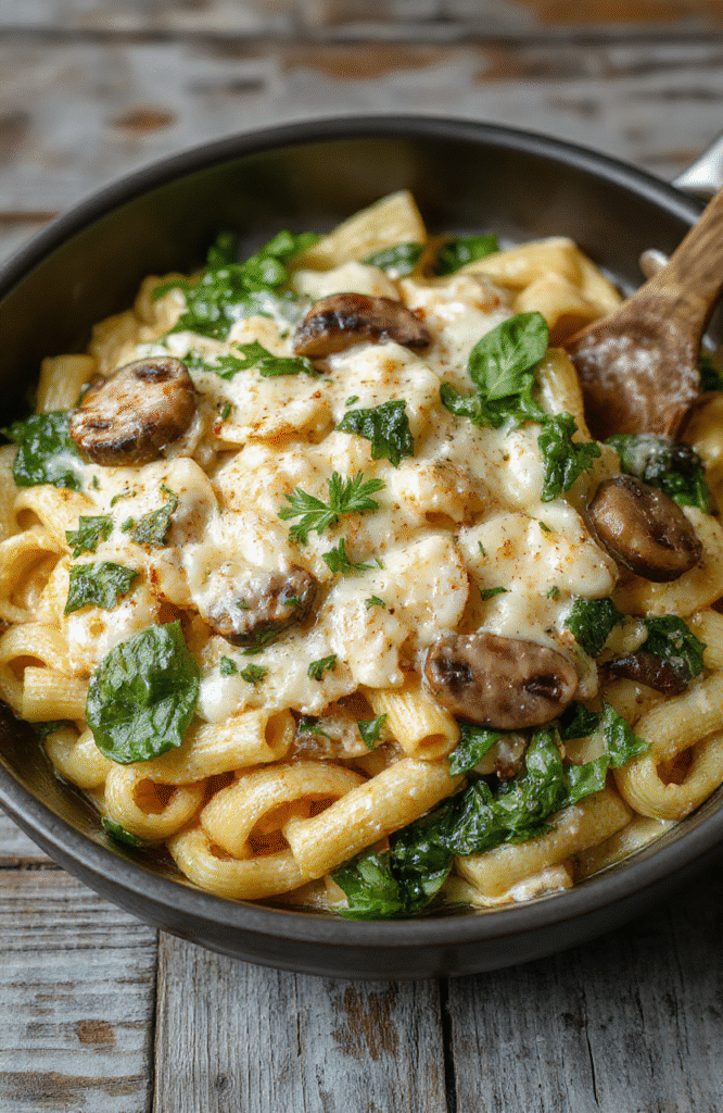 A vibrant plate of creamy Parmesan spinach mushroom pasta with fresh greens, golden-brown mushrooms, and melted cheese, styled on a rustic wooden surface.