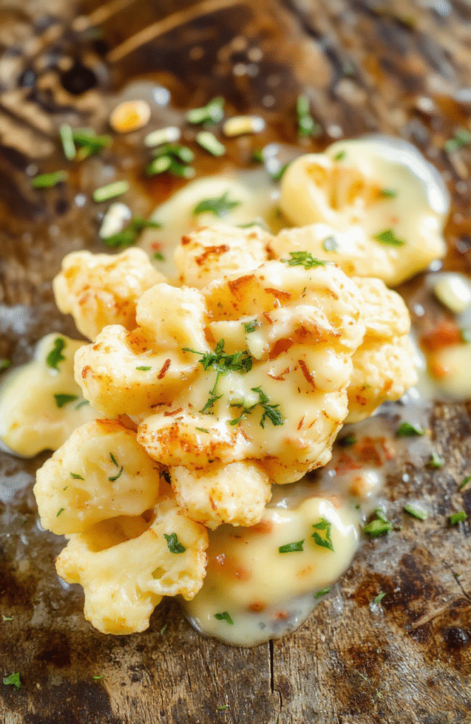 A vibrant plate of creamy vegan butter cauliflower showcasing tender cauliflower florets coated in rich, smooth sauce, garnished with fresh herbs, arranged on a clean white plate against a rustic wooden background, with a sprinkle of chopped parsley for visual appeal.