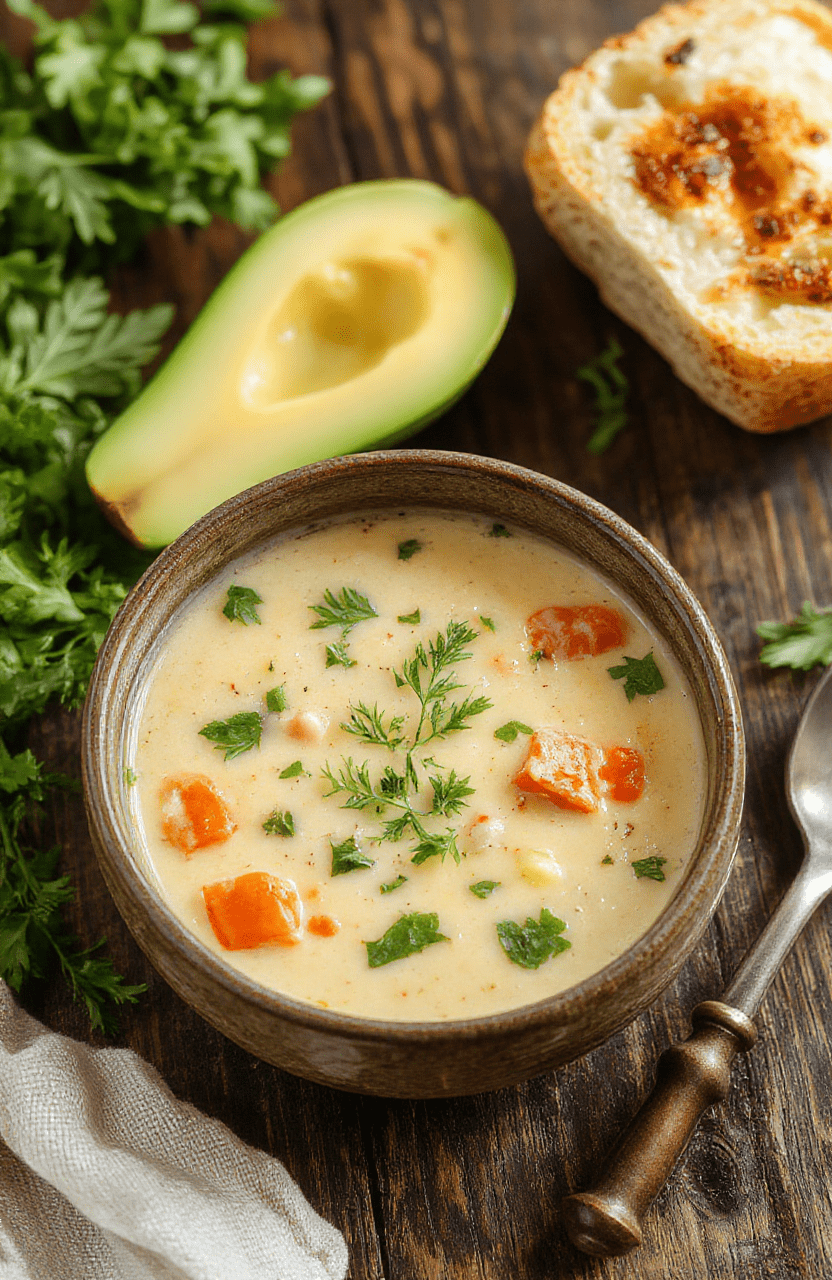 A vibrant bowl of creamy vegetable soup with visible chunks of carrots, broccoli, and potatoes, topped with fresh herbs, served in a rustic white bowl on a wooden table with a beige cloth napkin, natural light emphasizes the textures and colors of the hearty, comforting dish.