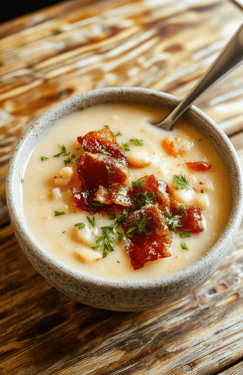 A bowl of creamy white bean soup garnished with crispy bacon bits and fresh herbs, served in a rustic bowl on a wooden table, with a spoon, warm lighting highlighting the velvety texture and crispy topping.