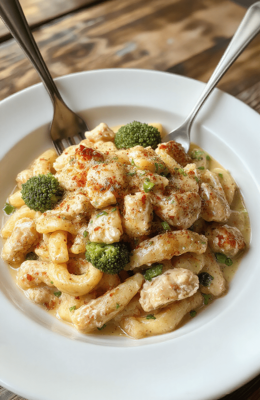 Eine cremige Hähnchen-Brokkoli-Pasta auf einem weißen Teller, garnierte mit frisch geriebenem Parmesan und frischen Basilikum, bunte Paprikastückchen im Hintergrund, Textur sichtbar durch die cremige Sauce, appetitlich angerichtet in natürlichem Licht