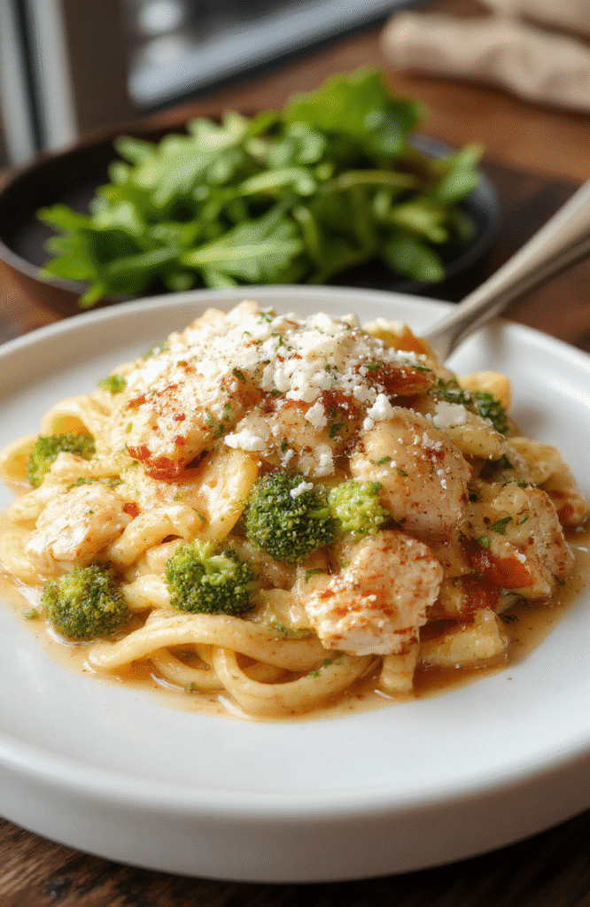 Bunte cremige Hähnchen-Brokkoli-Pasta auf weißem Teller, mit goldbraunen Hähnchenstücken, grünen Brokkolirosen und schimmernder Sauce, stilvoll angerichtet