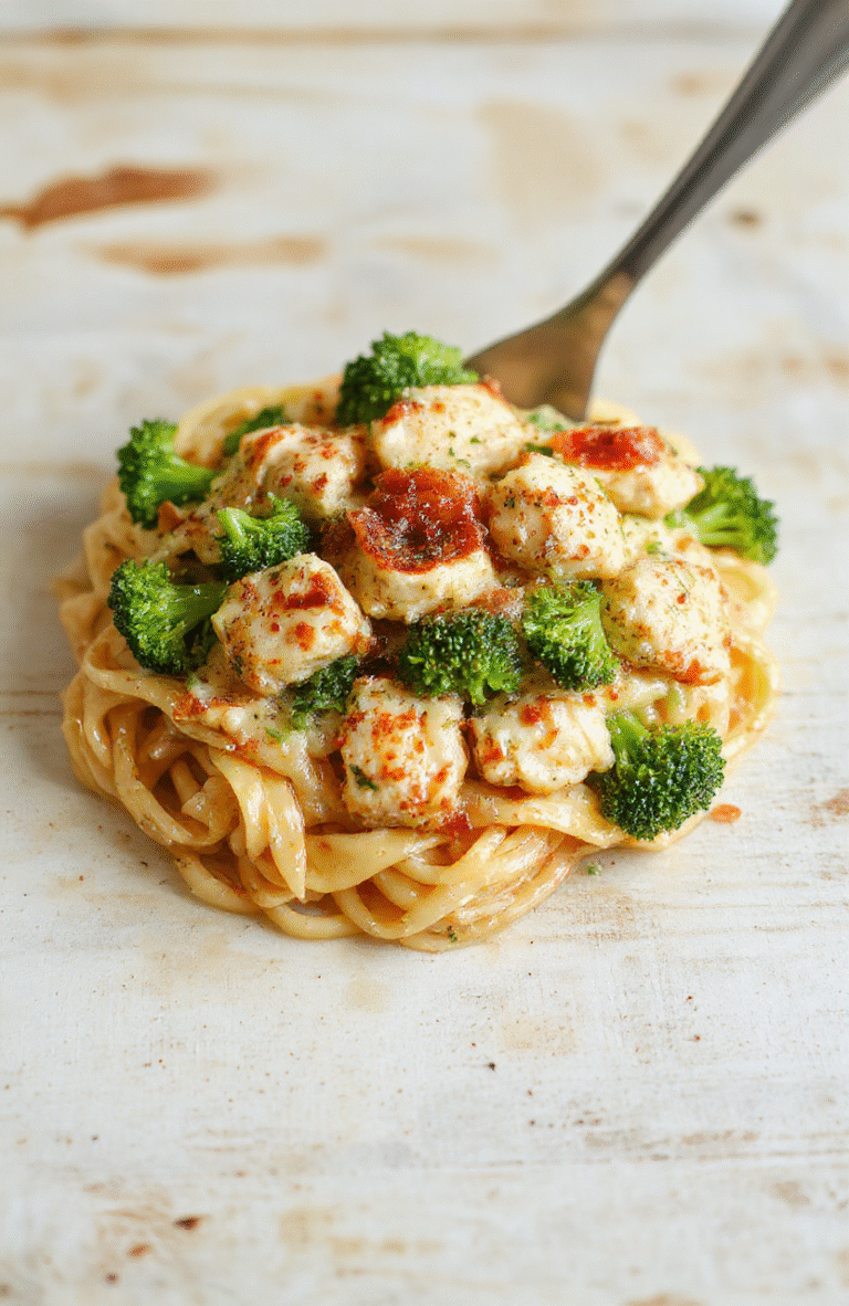 Buntes, cremiges Pasta-Gericht mit zarten Brokkoli-Röschen und saftigem Hähnchen, elegant auf einem weißen Teller angerichtet, mit frischen Kräutern garniert, samtige Textur und ansprechende Farbkontraste