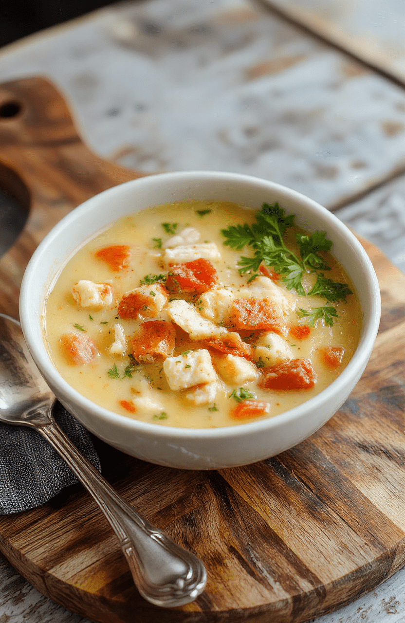 Cremige Hähnchen-Nudel-Suppe in einer weißen Schüssel, garniert mit frischer Petersilie, mit dampfendem, cremigem Inhalt, bunte Nudeln und zarte Hähnchenstücke, dekorativ auf einem Holzbrett präsentiert, mit serviertem Löffel neben der Schüssel