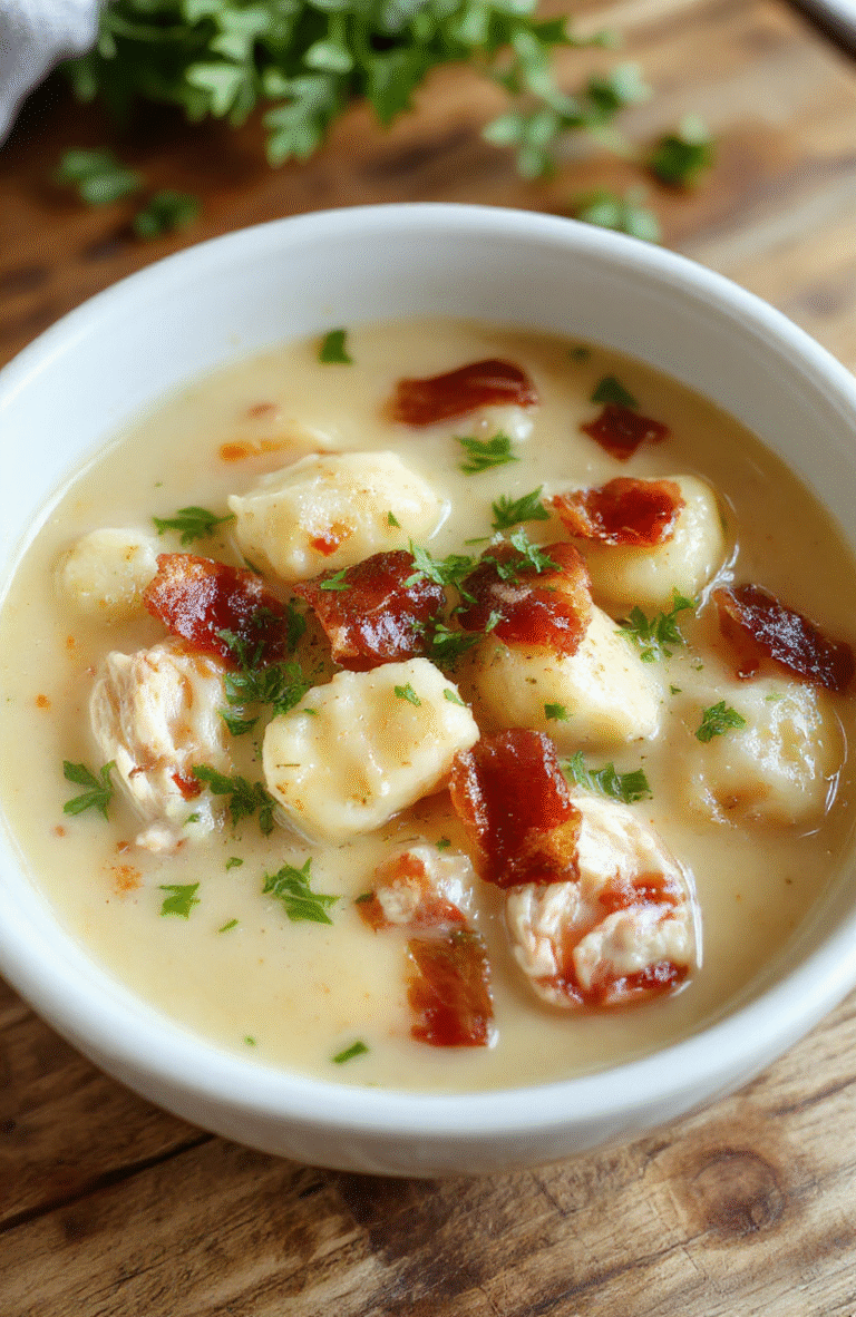 Bunte Cremesuppe in einer weißen Schale mit goldbraunem Speck, zarten Gnocchi, frische Kräuter, cremige Konsistenz, auf einem Holztisch serviert, warm und einladend