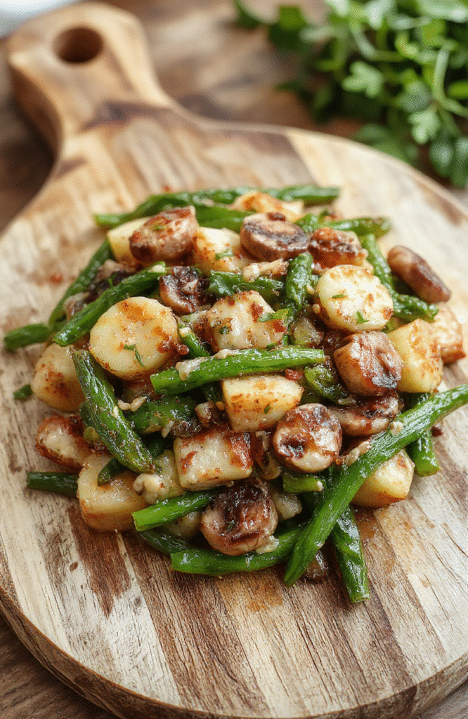 Bunte Kartoffel-Pilz-Pfanne mit grünen Bohnen auf einem weißen Teller, serviert auf einem rustikalen Holzbrett, mit dampfendem, cremigem Sud, frischen grünen Bohnen, goldbraun gebratene Kartoffelscheiben und zarte Pilze, ansprechend angerichtet, einladender Essenshintergrund