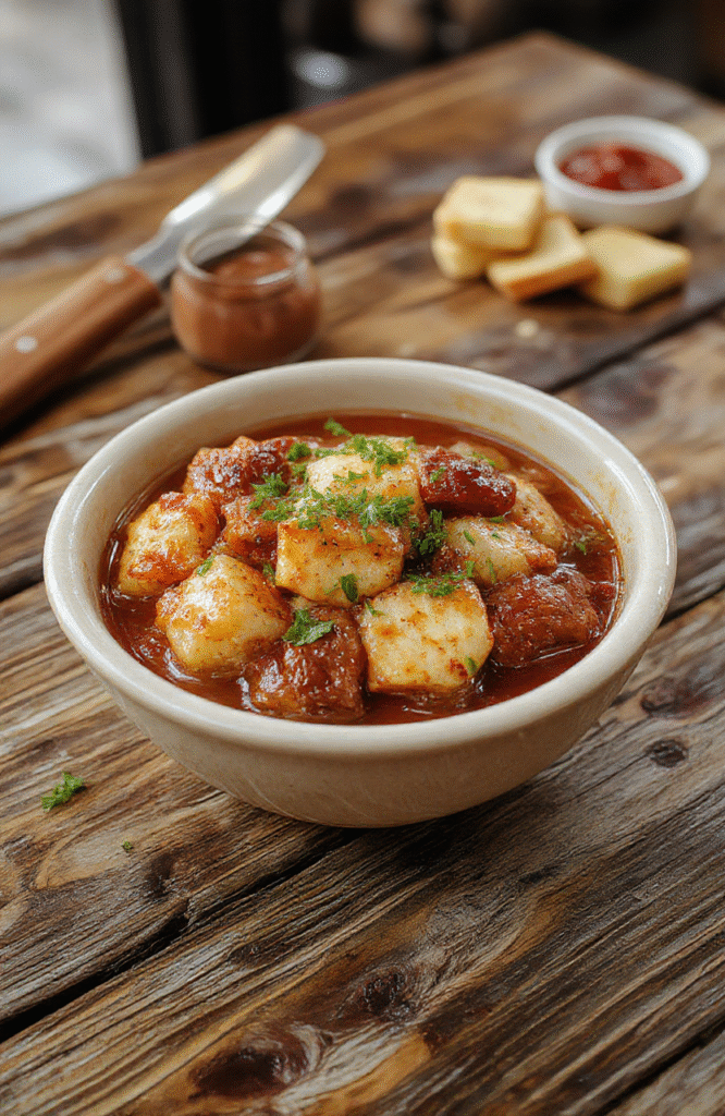 Eine cremige, goldgelbe Suppe in einer weißen Schüssel, garniert mit frischen Kräutern und knusprigen gerösteten Knoblauchstücken, auf einer rustikalen Holzplatte platziert, im natürlichen Tageslicht photographed.