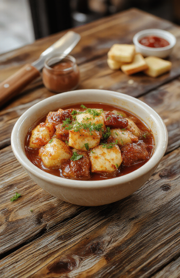 Eine cremige, goldgelbe Suppe in einer weißen Schüssel, garniert mit frischen Kräutern und knusprigen gerösteten Knoblauchstücken, auf einer rustikalen Holzplatte platziert, im natürlichen Tageslicht photographed.