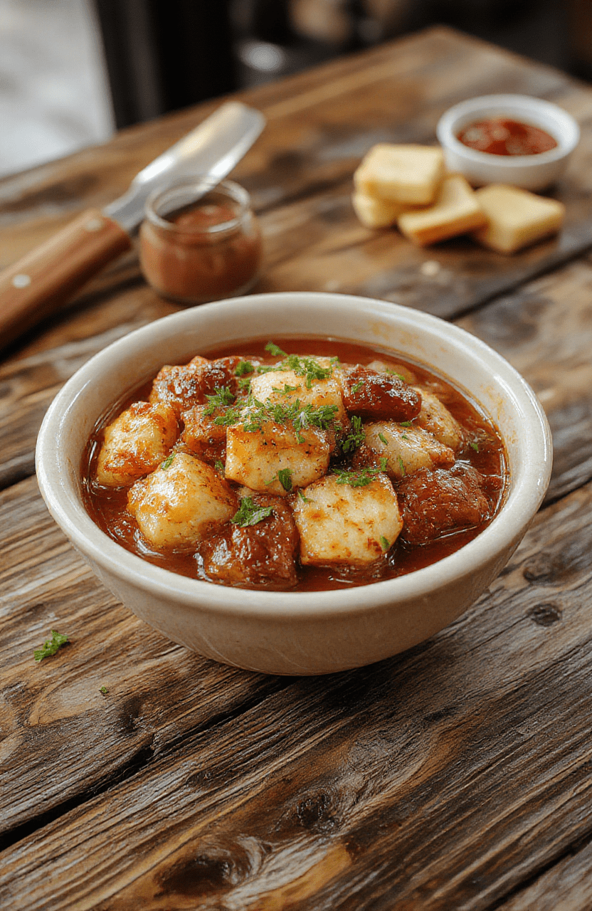Eine cremige, goldgelbe Suppe in einer weißen Schüssel, garniert mit frischen Kräutern und knusprigen gerösteten Knoblauchstücken, auf einer rustikalen Holzplatte platziert, im natürlichen Tageslicht photographed.