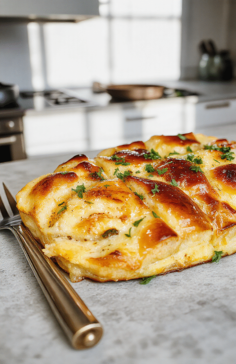Helles cremiges Brokkoli-Kartoffel-Gericht in einer weißen Pfanne, mit grünem Brokkoli und goldbraunen Kartoffelstücken, dezent angerichtet, frisch und appetitlich, mit dampfendem, cremigem Belag, schlicht, einladend, bei natürlichem Licht fotografiert